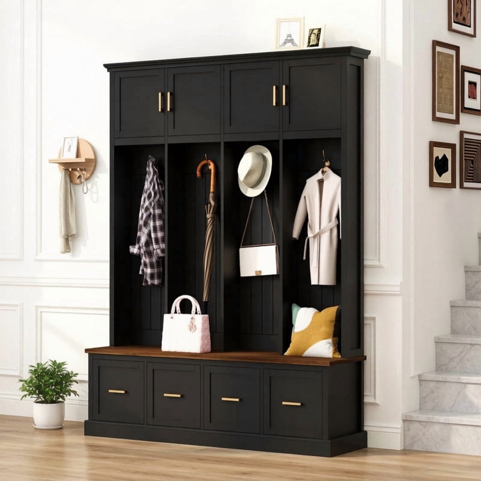 Farmhouse Wooden Entryway Hall Tree with Coat Hooks, Multi-functional Storage Cabinet with Shoe Bench and Drawers