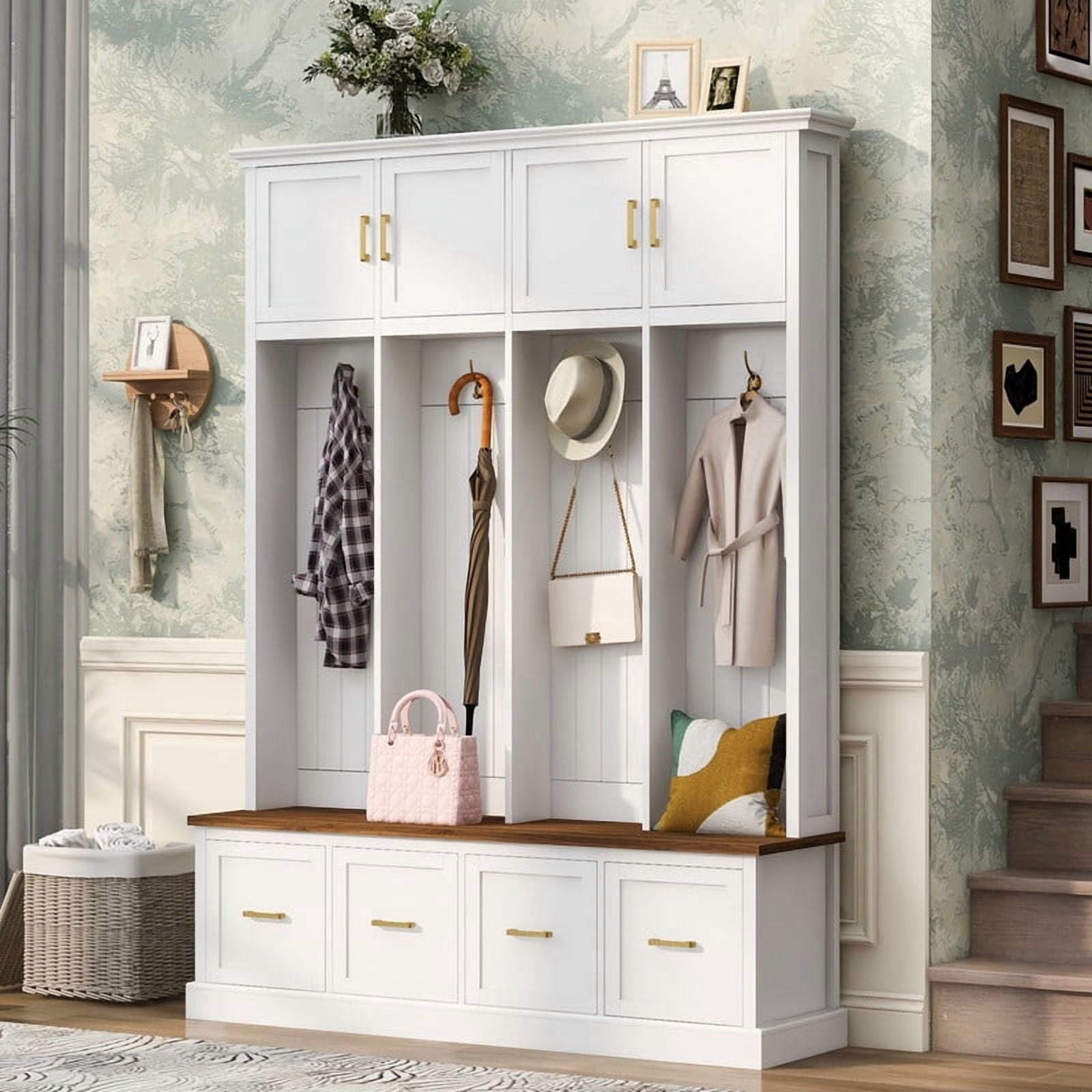 Farmhouse Wooden Entryway Hall Tree with Coat Hooks, Multi-functional Storage Cabinet with Shoe Bench and Drawers