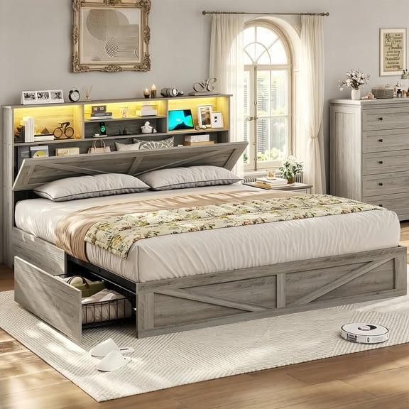 Farmhouse Wooden Full Bed Frame with Storage Bookcase Headboard, Metal Platform Bed with 4 Under-bed Drawers Rustic Gray