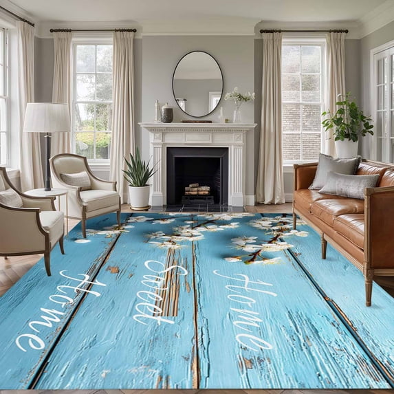 Farmhouse Wooden Grain Area Rug 5x8 Washable Rug Non Slip Vintage Shabby Chic Flower Blue Large Area Rug Soft Stainresistant Indoor Floor Carpet for Living Room Bedroom Home Office Dining Room