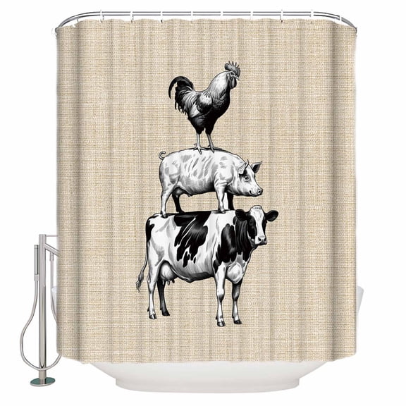 Farmhouse Wooden Grain Bathroom Shower Curtains with 12 Hooks Polyester Waterproof Shower Curtain for Stalls Bathtubs Vintage Country Cow Pig Chicken Beige Decorative Bathroom Curtain 36x72 Inches
