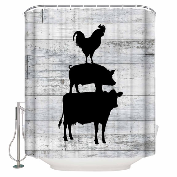 Farmhouse Wooden Grain Bathroom Shower Curtains with 12 Hooks Polyester Waterproof Shower Curtain for Stalls and Bathtubs Vintage Country Cow Pig Chicken Grey Decorative Bathroom Curtain 36x72 Inches