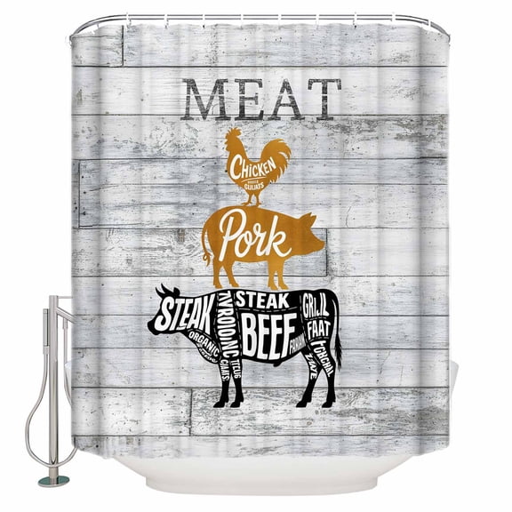 Farmhouse Wooden Grain Bathroom Shower Curtains with 12 Hooks Polyester Waterproof Shower Curtain for Stalls and Bathtubs Vintage Shabby Chic Cow Pig Chicken Decorative Bathroom Curtain 36x72 Inches