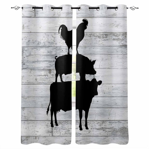 Farmhouse Wooden Grain Blackout Curtains for Bedroom 45 Inch Length 2 Panels Set, Vintage Country Cow Pig Chicken Grey Thermal Energy Saving Window Treatment Curtains Blackout Drapes 52"x45"