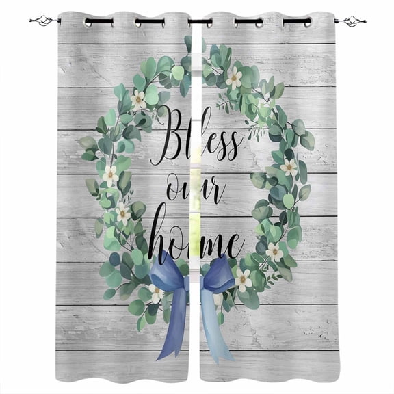 Farmhouse Wooden Grain Blackout Curtains for Bedroom, Eucalyptus Leaves Watercolor Bow Thermal Insulated Kitchen Drapes with Grommets, Light Blocking Window Treatment, 2 Panels 42" x 45"