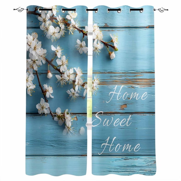 Farmhouse Wooden Grain Blackout Curtains for Bedroom/Living Room, Thermal Insulated Kitchen Curtains, Vintage Shabby Chic Flower Blue Grommet Darkening Window Treatment Drapes 42"x63"x2