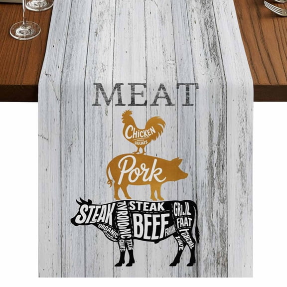 Farmhouse Wooden Grain Burlap Cotton Table Runner 13x36 Inches Short, Vintage Shabby Chic Cow Pig Chicken Farmhouse Table Runners, Outdoor Dining Tablecloths Decor for Baby Shower/Party/Wedding