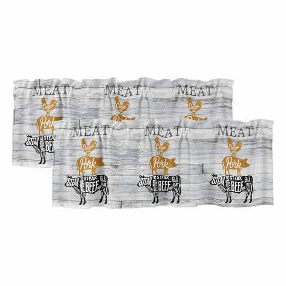 Farmhouse Wooden Grain Curtain Valances for Windows, Kitchen Valance Window Treatments Panel 2 Pack, Vintage Shabby Chic Cow Pig Chicken Rod Pocket Short Curtains for Bathroom Bedroom 42 x 12 Inch