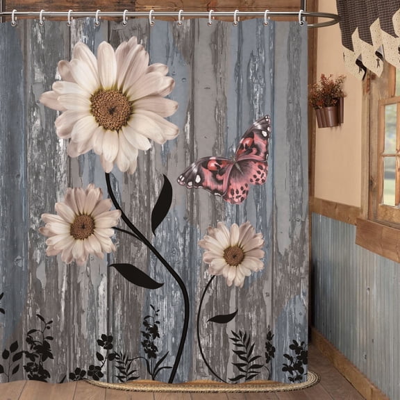 Farm Bathroom Shower Curtain,Wooden Grain Fabric Bath Curtains with Hooks 72x72