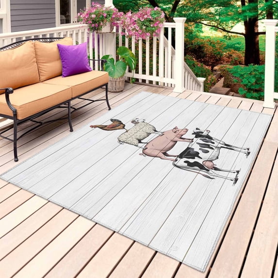 Farmhouse Wooden Grain Outdoor Rug 3x5 Ft, Non Slip Washable Area Rug, Modern Country Cow Pig Chicken Patio Rugs Carpet Runner, Large Floor Mat for Indoor/Outdoor Deck Porch Camping