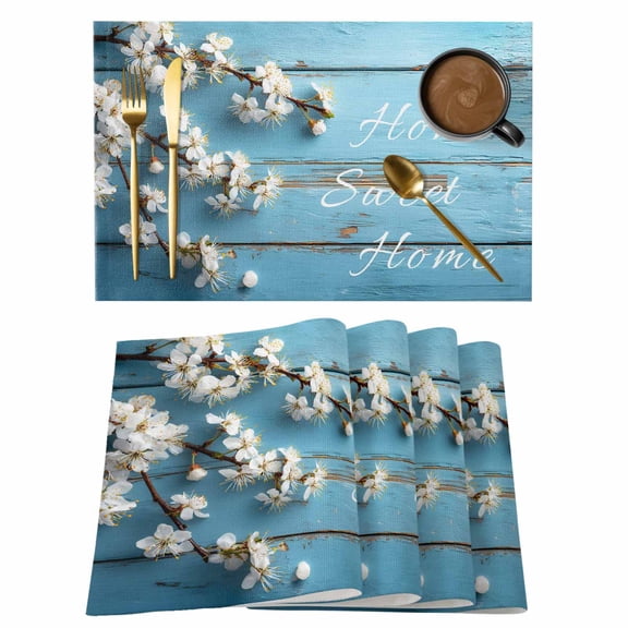 Farmhouse Wooden Grain Placemats Set of 4 Vintage Shabby Chic Flower Blue Place Mats Indoor Wipeable Table Mats Washable Cloth Dining Table Placemats for Kitchen Holiday Party Home Decor 13x19 Inch