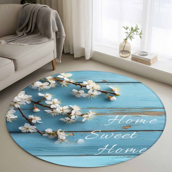 Farmhouse Wooden Grain Round Area Rug 4ft, Vintage Shabby Chic Flower Blue Washable Non-Slip Circle Rugs for Bedroom Living Room Kitchen, Soft Non Shedding Circle Carpet for Dining Room Dorm