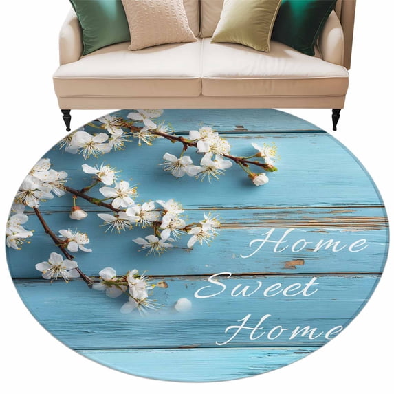 Farmhouse Wooden Grain Round Area Rugs Collection 8', Vintage Shabby Chic Flower Blue Non Slip Indoor Circular Throw Runner Rug Floor Mat Carpet for Living Room Dining Table Bedroom Nursery