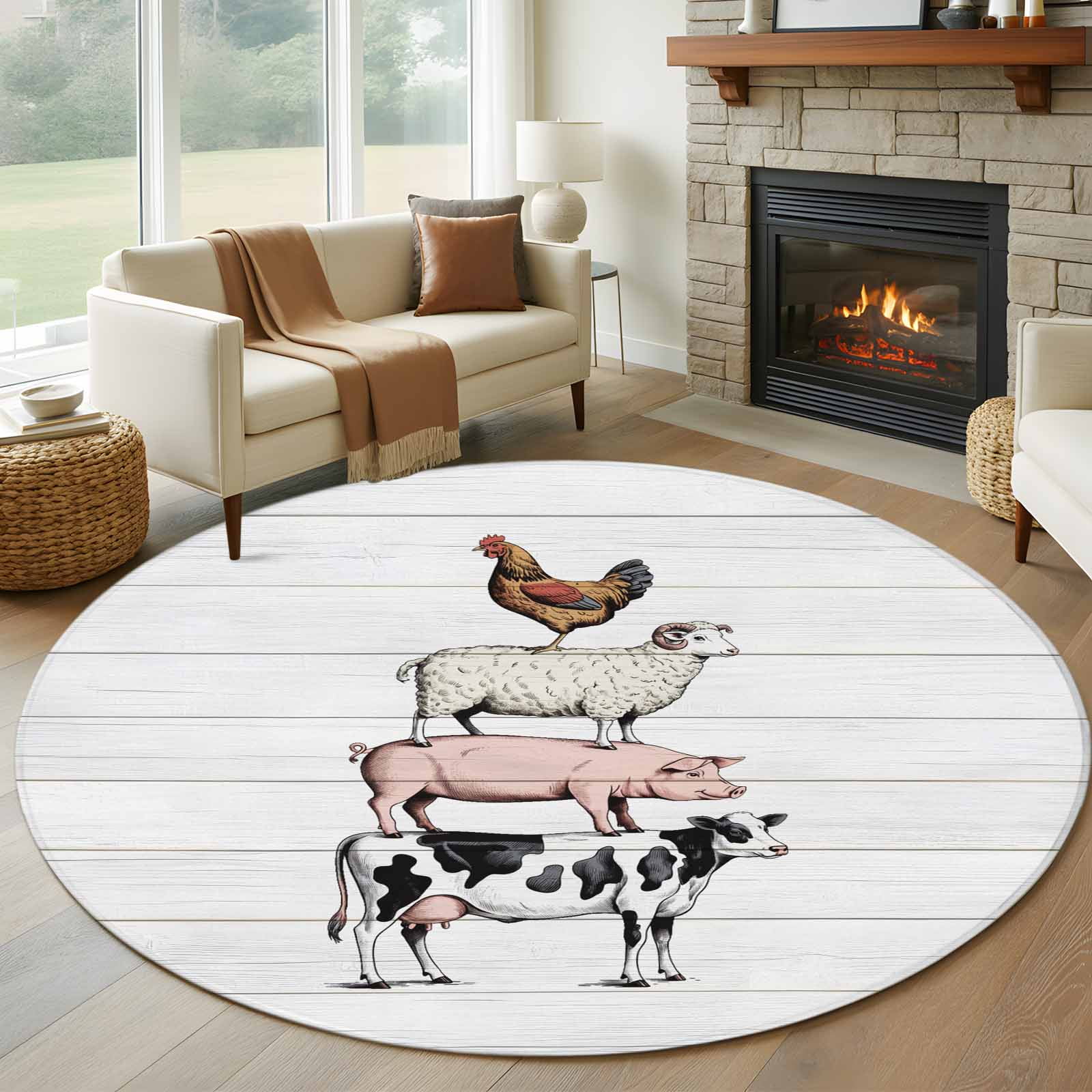 Farmhouse Wooden Grain Round Rug 7ft Washable Circle Rugs Non Slip ...