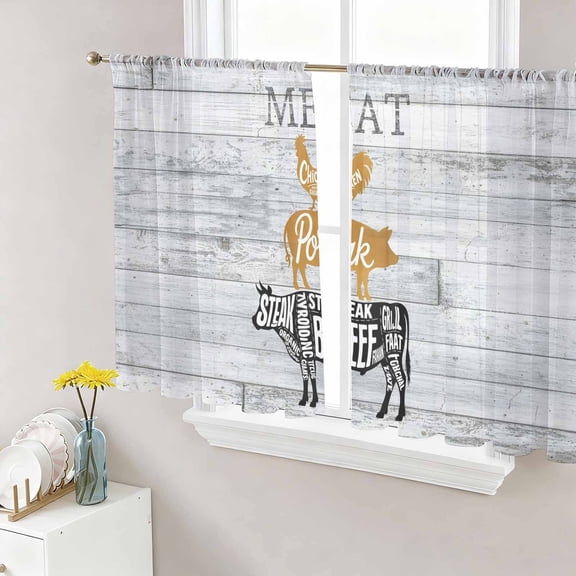 Farmhouse Wooden Grain Sheer Curtains 45 Inch Length 2 Panels for Living Room, Vintage Shabby Chic Cow Pig Chicken Voile Kitchen Curtain Set, Luxury Privacy Drapes Window Treatment for Bedroom