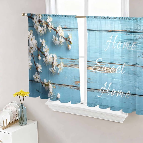 Farmhouse Wooden Grain Sheer Curtains 54 Inches Length 2 Panels Set, Window Sheer Curtains for Living Room/Bedroom, Vintage Shabby Chic Flower Blue Light Filtering Rod Pocket Curtain 52''x54''x2