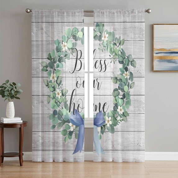 Farmhouse Wooden Grain Sheer Curtains 63 Inches Length 2 Panels Set, Window Sheer Curtains for Living Room/Bedroom, Eucalyptus Leaves Watercolor Bow Light Filtering Rod Pocket Curtain 52''x63''x2