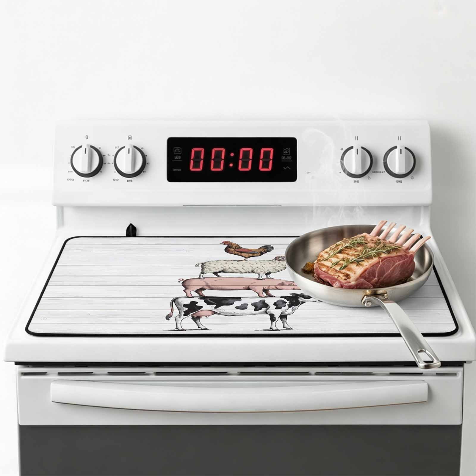 Farmhouse Wooden Grain Stove Top Cover for Electric Stove, Heat-proof & Non Slip Glass Top Stove Cover Protector, Modern Country Cow Pig Chicken Kitchen Flat Cooktop Rubber Mat 36x21 Inches