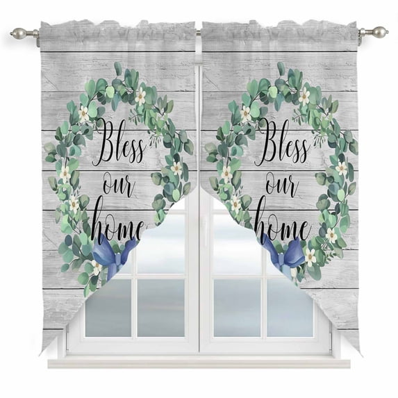 Farmhouse Wooden Grain Swag Curtains for Kitchen/Bedroom/Living Room, Eucalyptus Leaves Watercolor Bow Scalloped Curtains 63 Inch Long, Window Swag Topper Curtains Valances 2 Panels Set 36"x63"