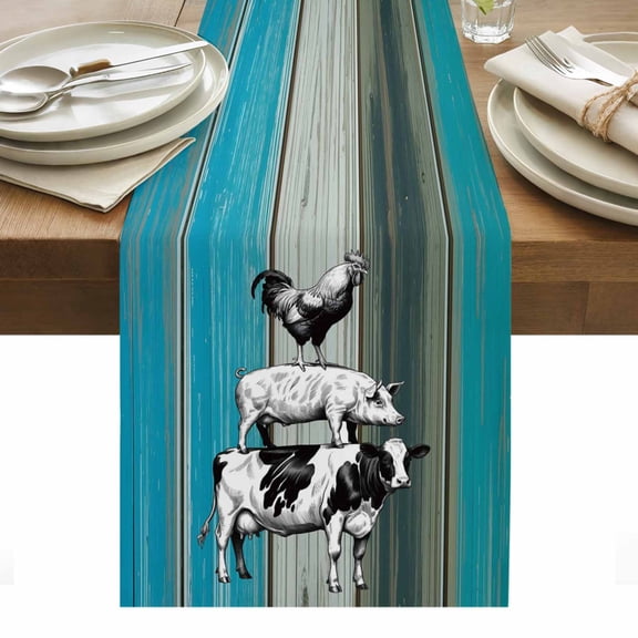 Farmhouse Wooden Grain Table Runner - 36 Inch Long, Kitchen Dining Table Runner Dresser Scarves, Vintage Country Cow Pig Chicken Blue Farmhouse Decor for Coffee Tables Wedding Party Banquet