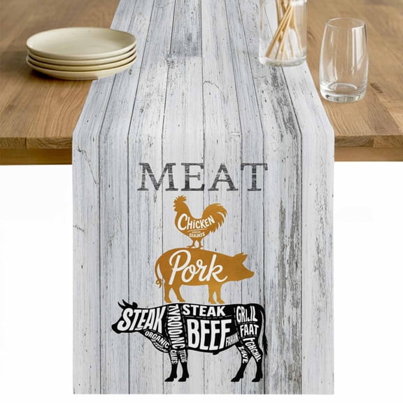 Farmhouse Wooden Grain Table Runner - 36 Inch Long Vintage Shabby Chic Cow Pig Chicken Cotton and Linen Blended Dress Scarves Farmhouse Table Runner for Kitchen Dining, Coffee Table, 13" x 36"