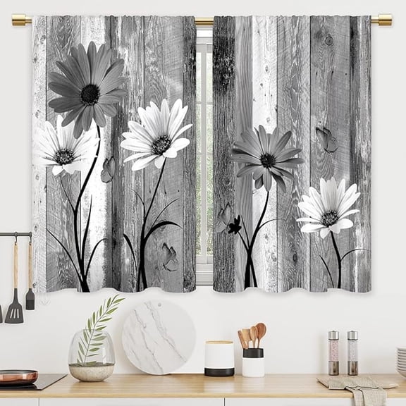 Farmhouse Wooden Grey Daisy Rustic Country Floral Bathroom Window Kitchen Short Curtains 26"W x 36"L (Pack of 2)