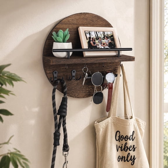 Farmhouse Wooden Key Holder Wall Mount, Entryway Shelf & Hooks, Rustic Round Organizer for Mail, Keys, Sunglasses & Jewelry, Home Decor