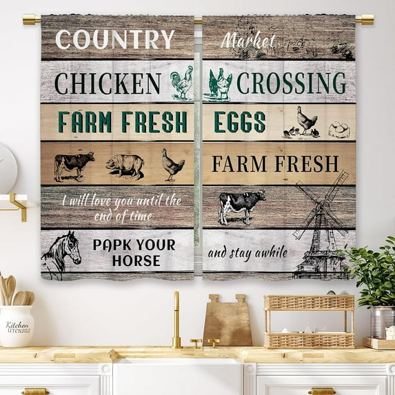 Farmhouse Wooden Kitchen Curtains Country Rustic Rooster Barn Small Short Cafe Window Curtains Vintage Farm Rod Pocket Bathroom Window Drapes Treatment Tier Curtains 2 Panels (27.5x39 Inch)