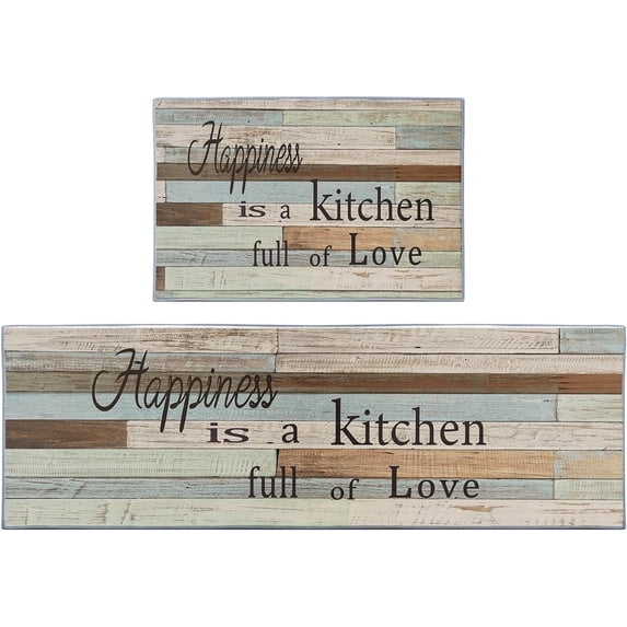 Farmhouse Wooden Kitchen Rugs and Mats Non Skid Washable Set of 2, Blue Brown Vintage Kitchen Runner Rug, Love Quotes Home Kitchen Floor Mat Under Sink Mat Throw Rug for Doormat