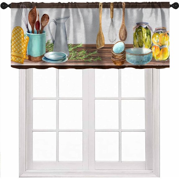 Farmhouse Wooden Kitchen Valance Curtains, Rustic Country Board Plank Fruit Vegetables Kitchen Utensils Pattern Print Small Short Valances for Dinning Room Living Room Restaurant, 54x18 Inch