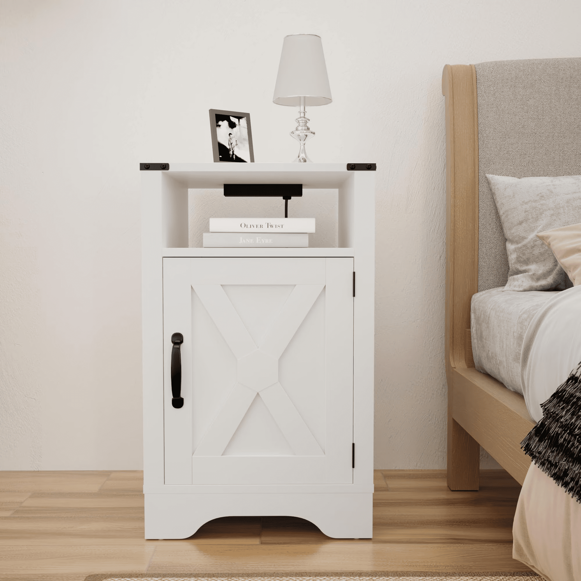 Farmhouse Wooden Nightstand with UL Certified Charging Station, 16"D×16"W×25"H Rustic Storage End Table with Cabinet Open Shelf for Bedroom Living Room Office