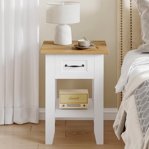 Farmhouse Wooden Nightstand with Drawer & Open Shelf, White & Yellow Rustic Bedside Table