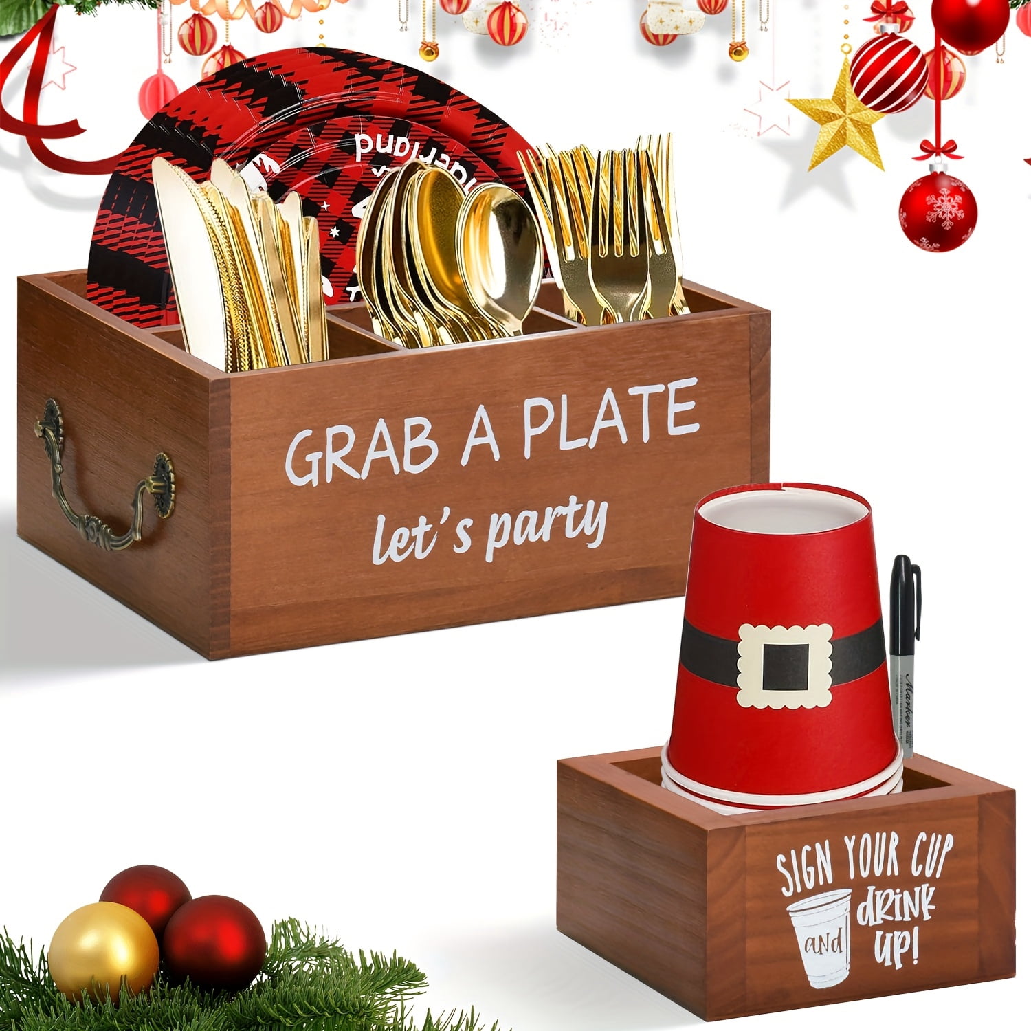 Farmhouse Wooden Paper Plate Dispenser with 1 Cup Holder - 4-Compartment Utensil Caddy for Parties-Brown