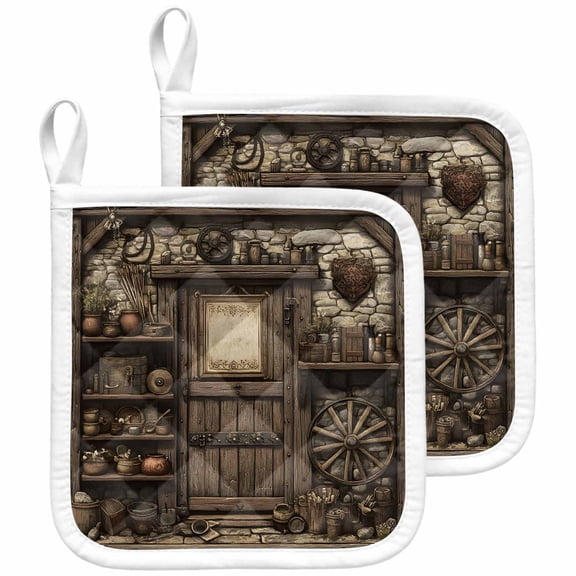 Farmhouse Wooden Pot Holders for Kitchen Heatproof Potholder, 2 Pack Old Vintage Antique Time Cottage Scene Hot Pads Multipurpose Oven Pads Cloth Potholders Trivet for Cooking and Baking
