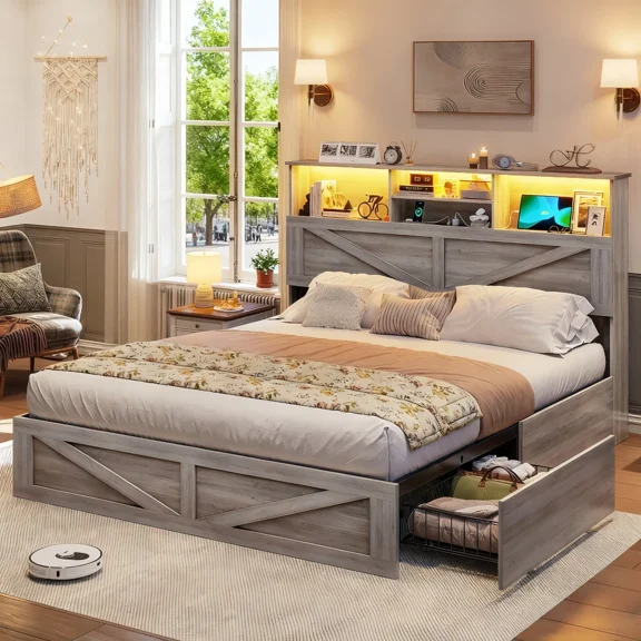 Farmhouse Wooden Queen Bed Frame with Storage Bookcase Headboard, Metal Platform Bed with 4 Under-bed Drawers Rustic Gray