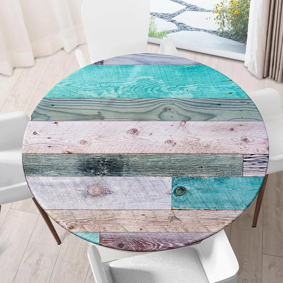 Farmhouse Wooden Round Tablecloth Blue Waterproof Elastic Fitted Table Covers for Indoor Outdoor Kitchen Table Decor Home Decor