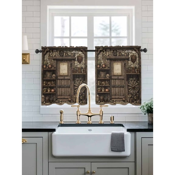 Farmhouse Wooden Sheer Kitchen Tier Curtains 24 Inch length,Rod Pocket Half Curtains Short Drapes,Old Vintage Antique Time Cottage Scene Light Filtering Small Window Treatments 2 Pcs 27.5"W x 24"L