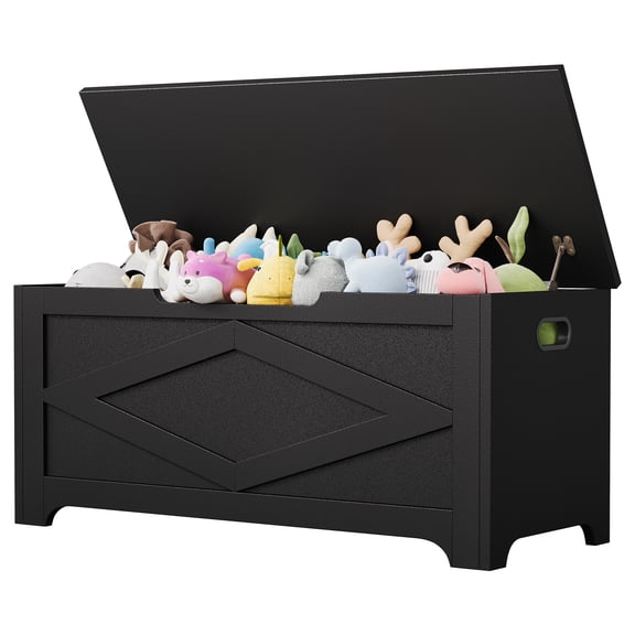 Farmhouse Wooden Storage Chest Bench – 39.4" Large Capacity Trunk with Safety Hinges, Turnover-Top Toy Box Organizer, Easy Assembly for Entryway, Bedroom, Living Room – Design Black