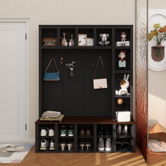 Farmhouse Wooden Style Hall Tree with 6 Hooks, Practical Walnut Storage Bench with Adjustable Shelves, 4-in-1 Entryway Shoe Cabinet with 13 Cubbies for Mudroom, Living Room, Black, 76.7"H