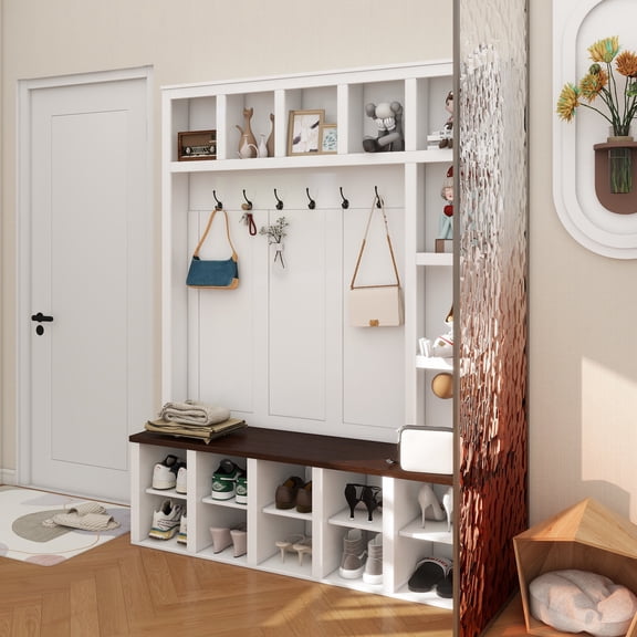 Farmhouse Wooden Style Hall Tree with 6 Hooks, Practical Walnut Storage Bench with Adjustable Shelves, 4-in-1 Entryway Shoe Cabinet with 13 Cubbies for Mudroom, Living Room, White, 76.7"H
