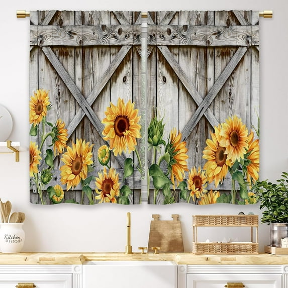 Farmhouse Wooden Sunflower Barn Kitchen Curtains Country Flower Wood Small Short Cafe Window Curtains Rustic Floral Western Bathroom Drapes Treatment Tier Curtains 2 Panels (27.5x39 Inch)