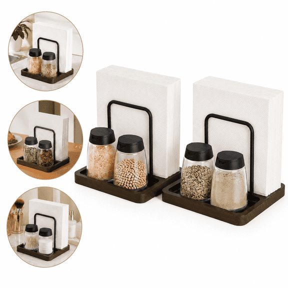 Farmhouse Wooden Napkin Holder, 2 Pack Rustic Brown Table Napkin Dispenser for Kitchen, Dining & Coffee Bar (Shakers Not Included)