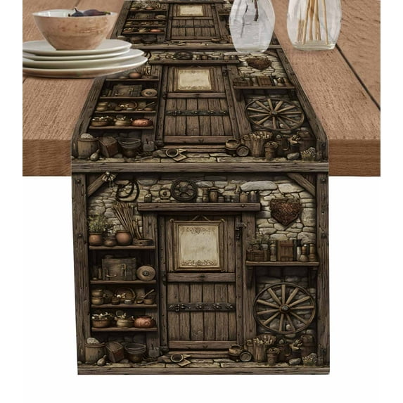 Farmhouse Wooden Table Runner 120 Inches, Old Vintage Antique Time Cottage Scene Bed Runner Dresser Scarves Tabletop for Indoor Outdoor Parties/Ceremony/Banquet, 13"x 120"