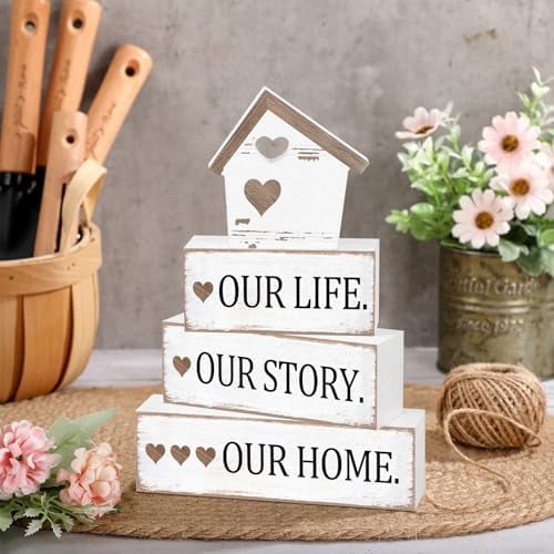 Farmhouse Wooden Tabletop Decor Home Tiered Tray Decor Rustic Distressed Our Life Story Home Wood Sign Neutral Decorations for Coffee Shelf Desk Centerpiece Decoration