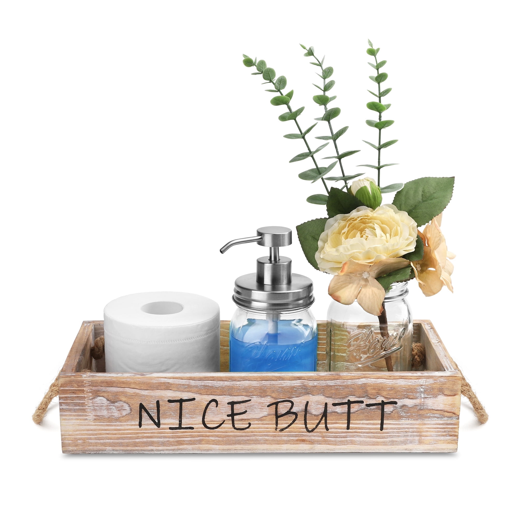 Farmhouse Wooden Toilet Paper Holder Tray with Mason Jar Soap Dispenser and Flower, Rustic Brown