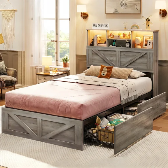 Farmhouse Wooden Twin Bed Frame with Storage Bookcase Headboard, Metal Platform Bed with 4 Under-bed Drawers Rustic Gray