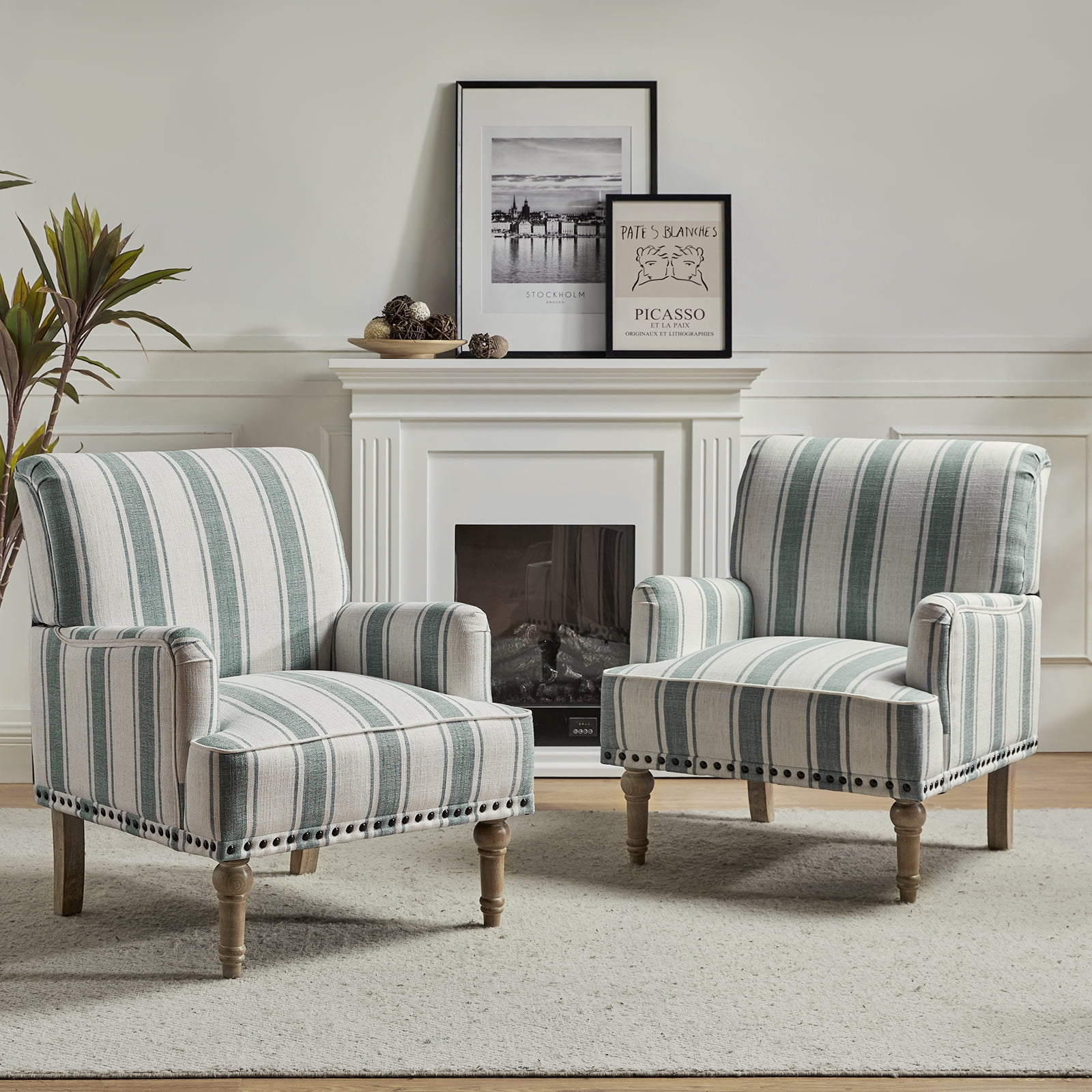 Farmhouse Wooden Upholstered Armchair Set of 2 Lounge Seat