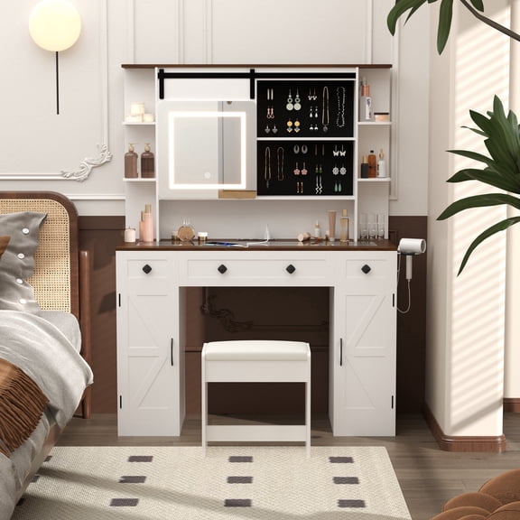 Farmhouse Wooden Vanity Desk with Lighted Sliding Mirror, Barn Door Cabinets, Glass Top, Drawers, Storage, and Stool, White & Brown