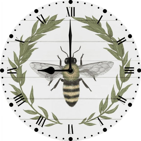 Farmhouse Wooden Wall Clock - 10 Inch Happy To Bee Home Battery Operated Silent Non Ticking Vintage Rustic Distressed Wood Clock Home Decor for Kitchen, Living Room, Bedroom, Office
