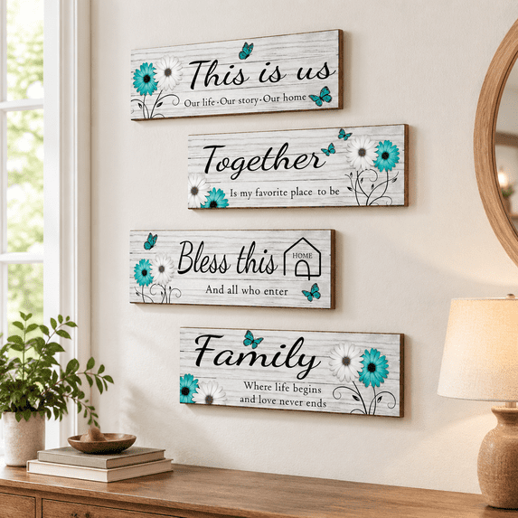 Farmhouse Wooden Wall Sign Set Teal White Butterflies Daisies for Home ...